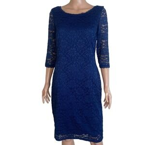 Laundry by Shelli Segal dress Navy blue knee length lace overlay 3/4 sleeves 8